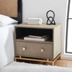 Safavieh Meilana 1-Drawer Nightstand - Art Deco Light Taupe & Brass
