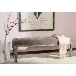 Safavieh Ramsey Bench in Distressed Oak and Cotton Velour