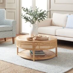 Safavieh Arvid Natural Round Rattan Coffee Table with Storage