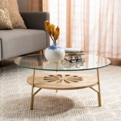 Safavieh Flora Round Coffee Table - Natural Mango Wood & Brass