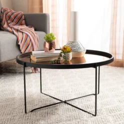 Safavieh Ruby Round Tray Top Coffee Table in Rose Gold and Black