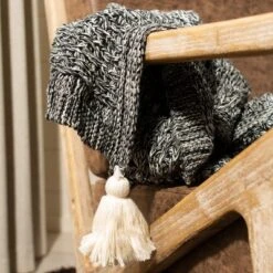 Safavieh Pennie Knit Tassel Cotton Throw Blanket - Black/Natural -Safavieh Furniture GUEST 5c4a859c 567b 44e7 b356 e249a850e80e