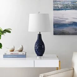Safavieh Harlem Ceramic Navy Table Lamp with Diamond Motifs