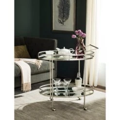 Safavieh Dante Bar Cart in Lustrous Silver with Mirrored Glass Shelves