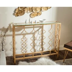 Safavieh Carolina Gold and Glass Console Table with Quatrefoil Detail