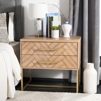 Safavieh Couture Estelle Nightstand - Modern Oak and Brass 2-Drawer Side Table 3 Safavieh Couture Estelle Nightstand - Modern Oak and Brass 2-Drawer Side Table