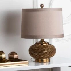 Safavieh Alexis 19" Gold Beaded Table Lamp with Taupe Shade