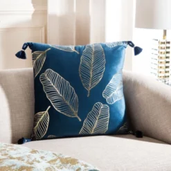 Safavieh Darlia Decorative Pillow - Dark Blue and Gold Feather Design, 18" x 18"