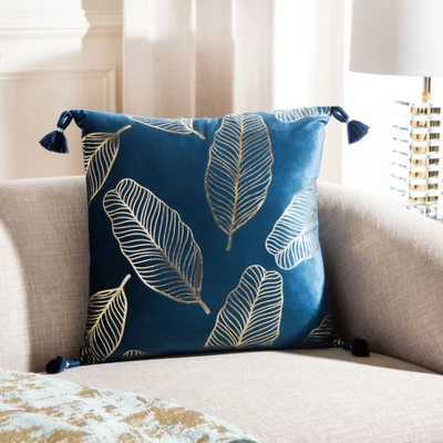 Safavieh Darlia Decorative Pillow - Dark Blue and Gold Feather Design, 18" x 18" 3 Safavieh Darlia Decorative Pillow - Dark Blue and Gold Feather Design, 18" x 18"
