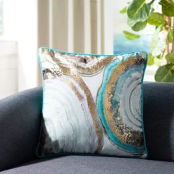 Safavieh Nima Coastal Blue and Gold Watercolor Decorative Pillow