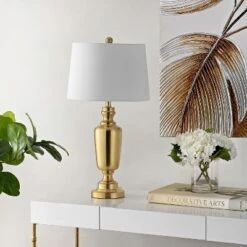 Safavieh Ezra Iron Table Lamp - Sculpted Brass Finish with White Shade