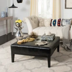 Safavieh Fulton Large Square Cocktail Ottoman in Black Leather