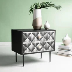 Safavieh Couture Tessie Bone Inlay 2-Drawer Nightstand in Bone and Black
