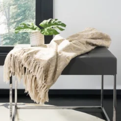 Safavieh Peppin Metallic Cotton Throw Blanket with Fringe - Natural/Gold