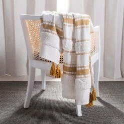 Safavieh Polli Mustard Yellow and Beige 100% Cotton Throw Blanket